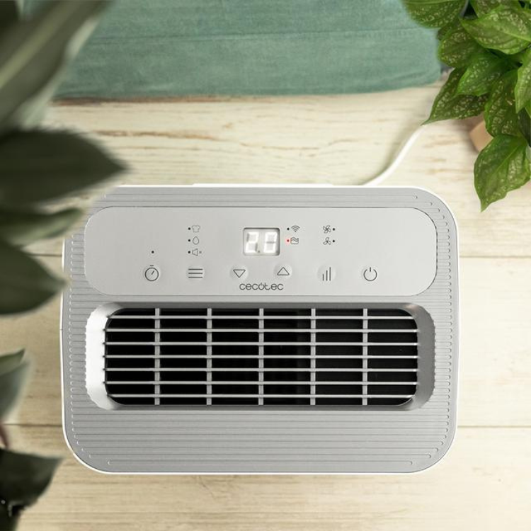 Cecotec BigDry dehumidifier, gray, with digital display and control panel.