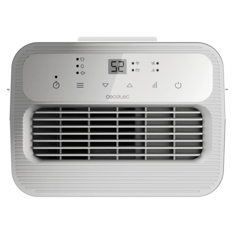 Cecotec BigDry dehumidifier, gray, digital display showing 52, various buttons and vents.