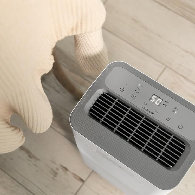Cecotec BigDry dehumidifier, white and grey, digital display showing 50, on wooden floor next to sweater.