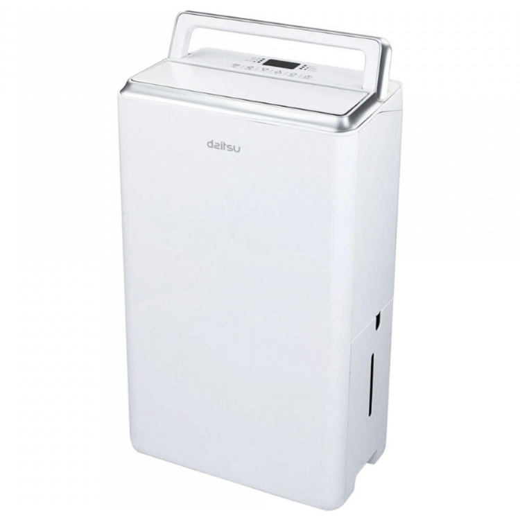 White Daitsu dehumidifier,  rectangular with handle and control panel on top.