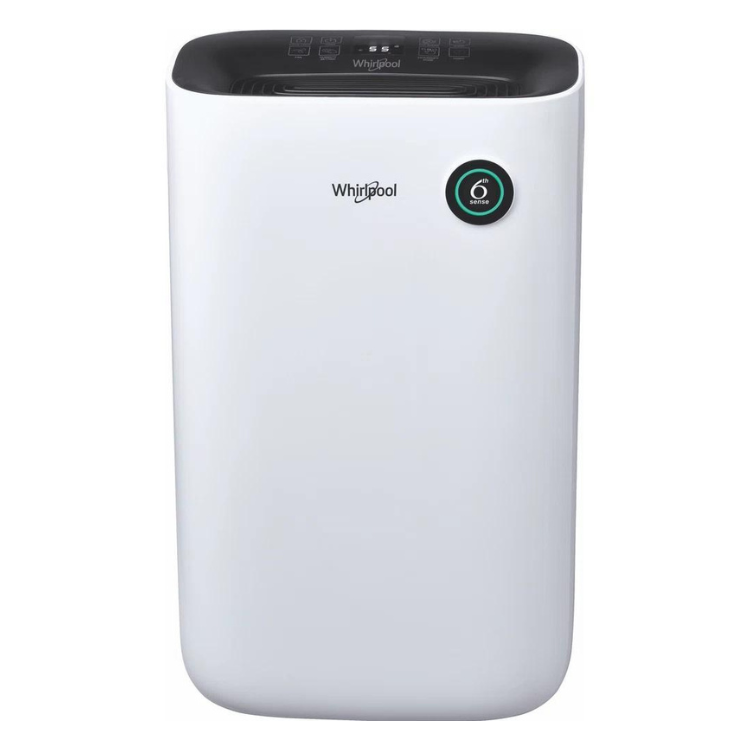 Whirlpool DE20W5252 20L dehumidifier, white with black top and green accent.