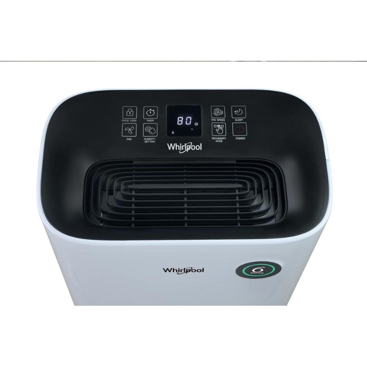 Whirlpool 20L dehumidifier, white and black, digital display showing 80, various buttons and settings.