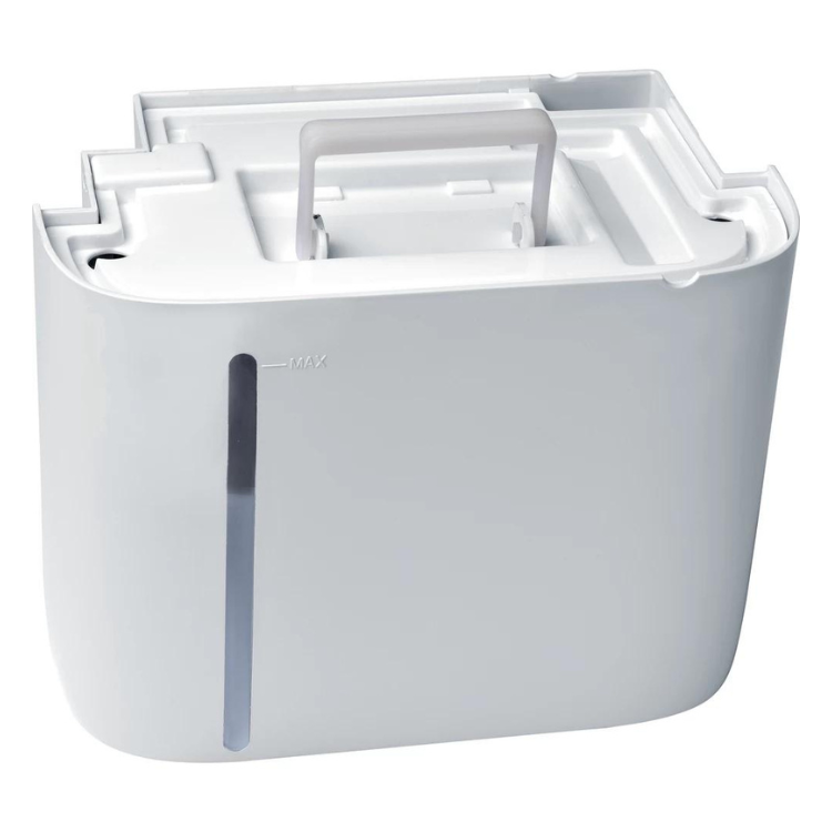 White Whirlpool dehumidifier tank, 20L, with handle and water level indicator.