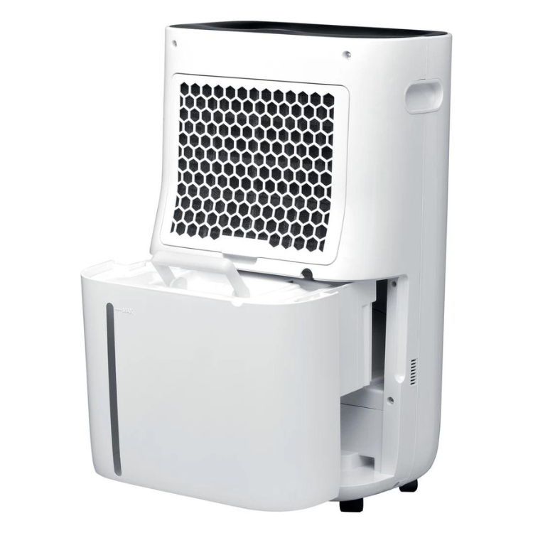 Whirlpool DE20W5252 20L white dehumidifier with honeycomb grille and open water tank.