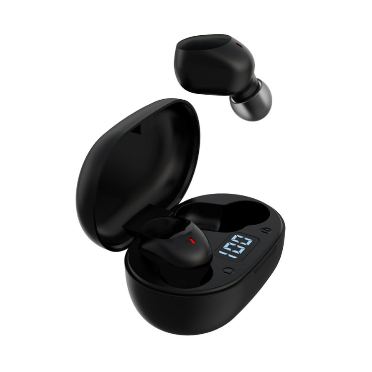 Auriculares sem fios Devia Joy A6 Series TWS preto com caixa de carregamento e indicador de bateria.