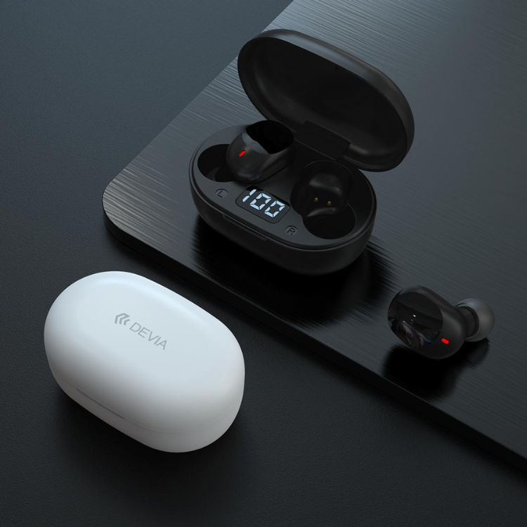Auriculares Bluetooth Devia Joy A6 preto sem fios com caixa de carregamento.