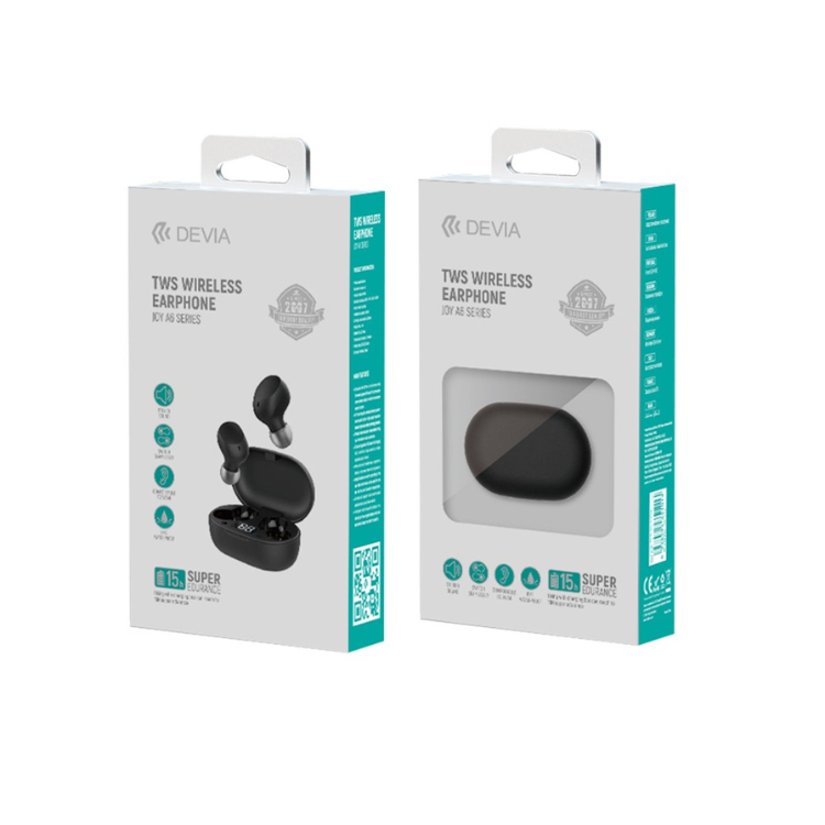 Auriculares sem fios Devia Joy A6 Series TWS, preto, em embalagem.