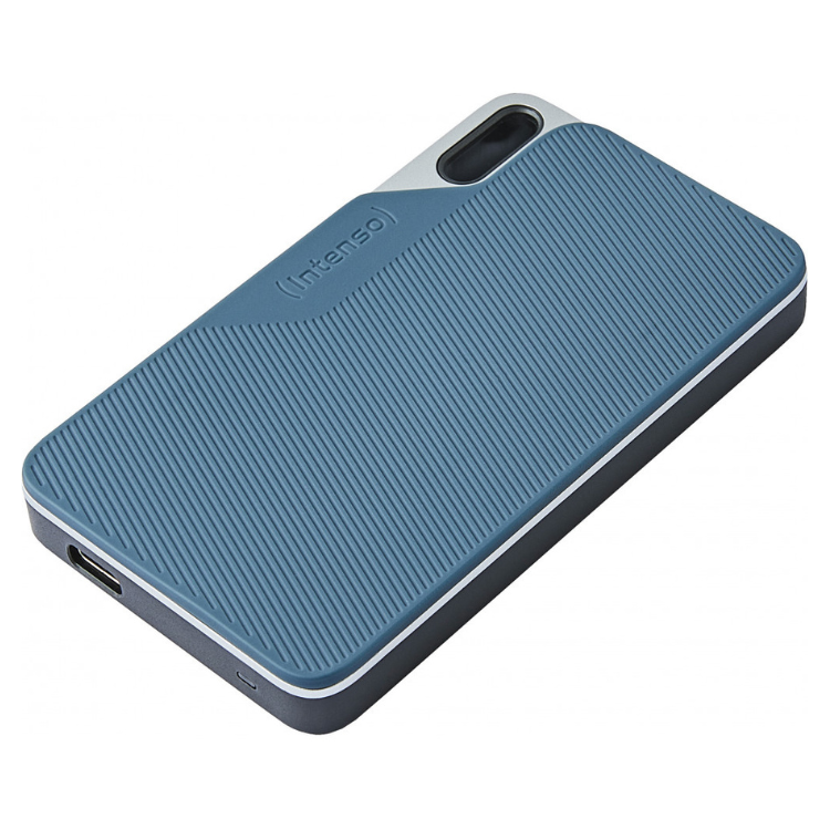 Intenso blue external SSD with USB-C, 500GB storage capacity.