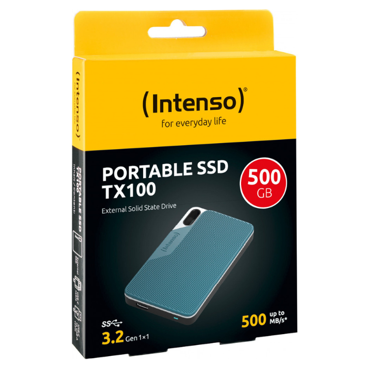 Intenso blue portable SSD TX100 500GB USB-C external hard drive packaging