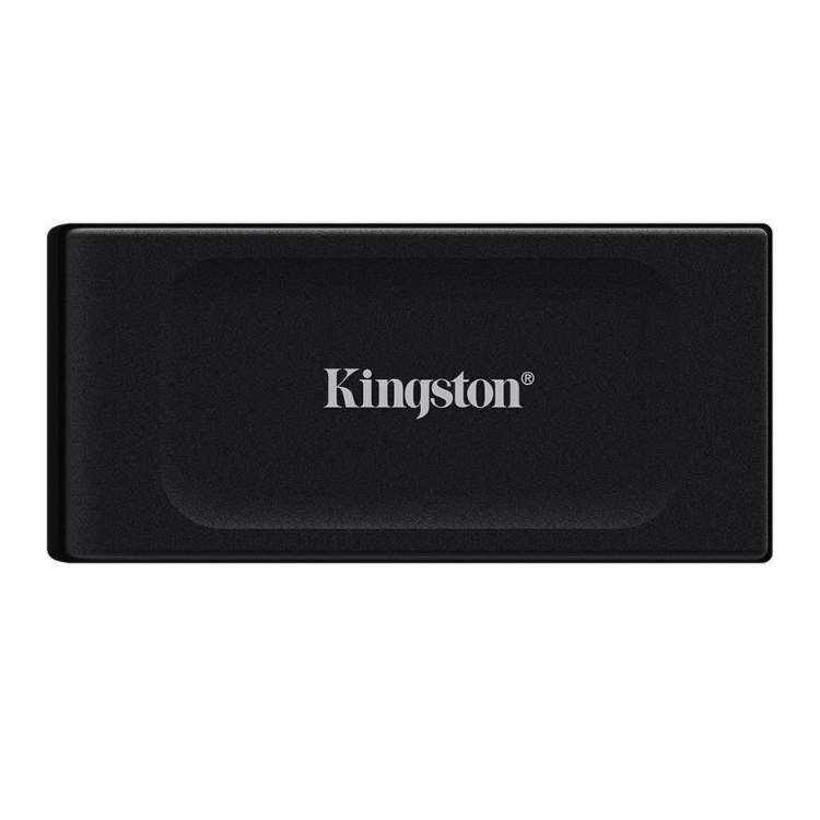 Kingston black external SSD, rectangular with rounded edges, white logo.