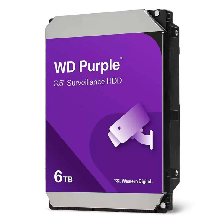 Western Digital Purple 6TB 3.5" Surveillance HDD, purple and silver hard drive with security camera icon.