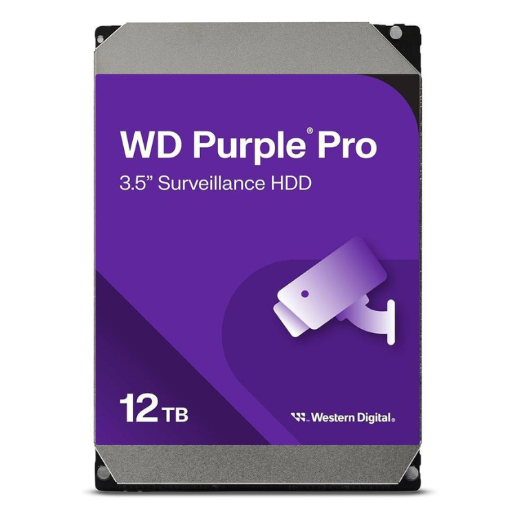 Western Digital Purple Pro 12TB 3.5 Surveillance HDD, purple and grey hard drive with security camera icon.