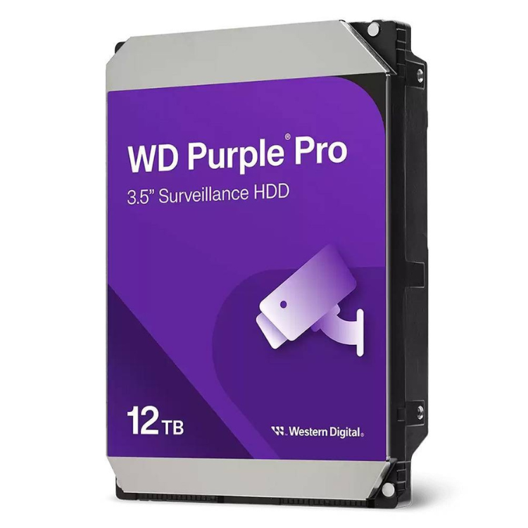 Western Digital Purple Pro 10TB 3.5" Surveillance HDD, purple and silver hard drive with security camera icon.