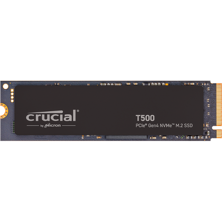 Crucial T500 500GB M.2 NVMe SSD, black, gold connectors.