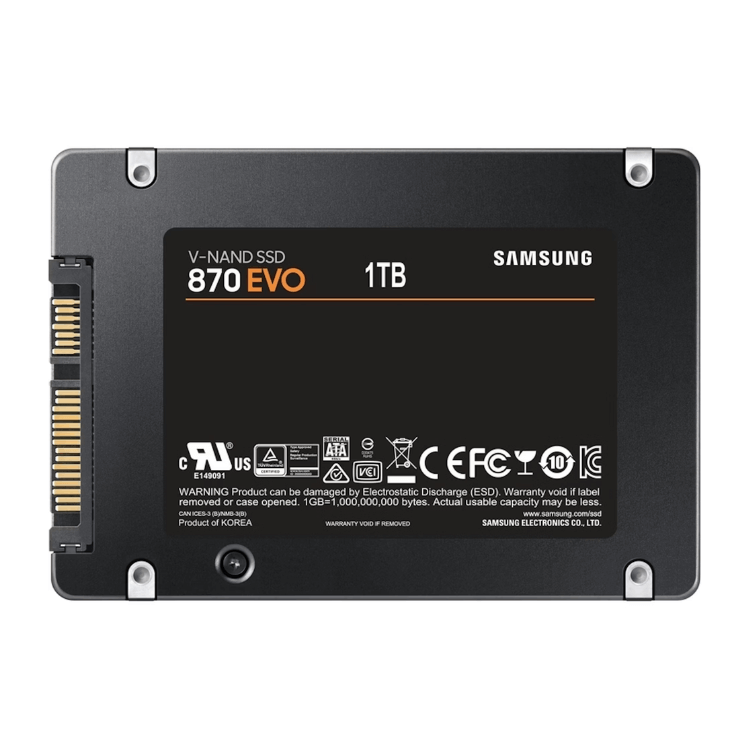 Samsung 870 EVO 1TB black SSD with gold connectors.