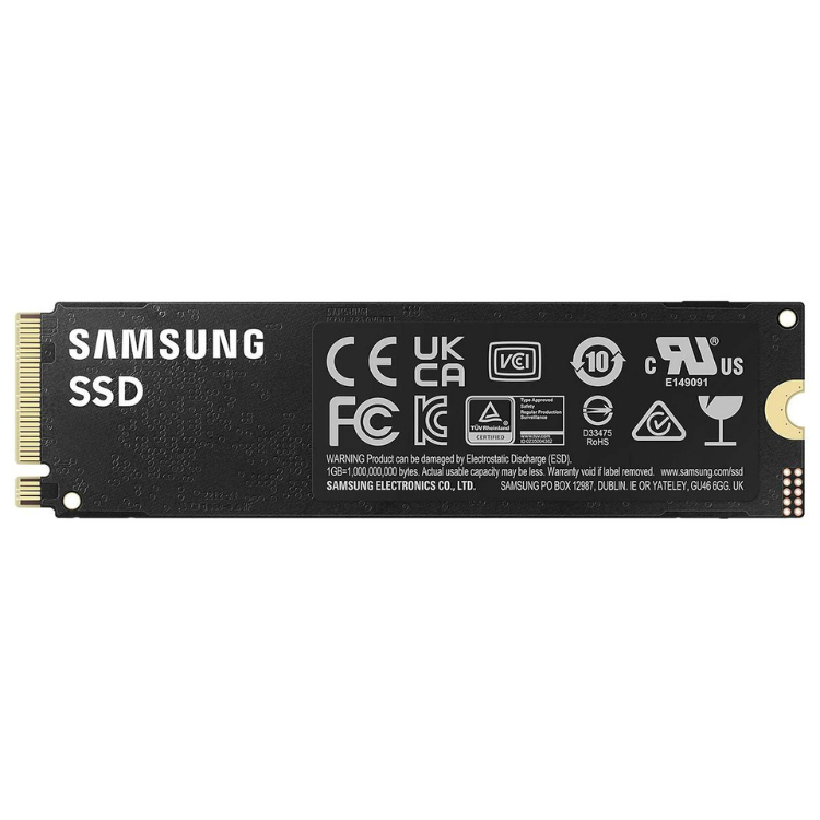 Samsung 990 Pro SSD, 1TB M.2 PCIe 4.0 NVMe, black, gold connectors.