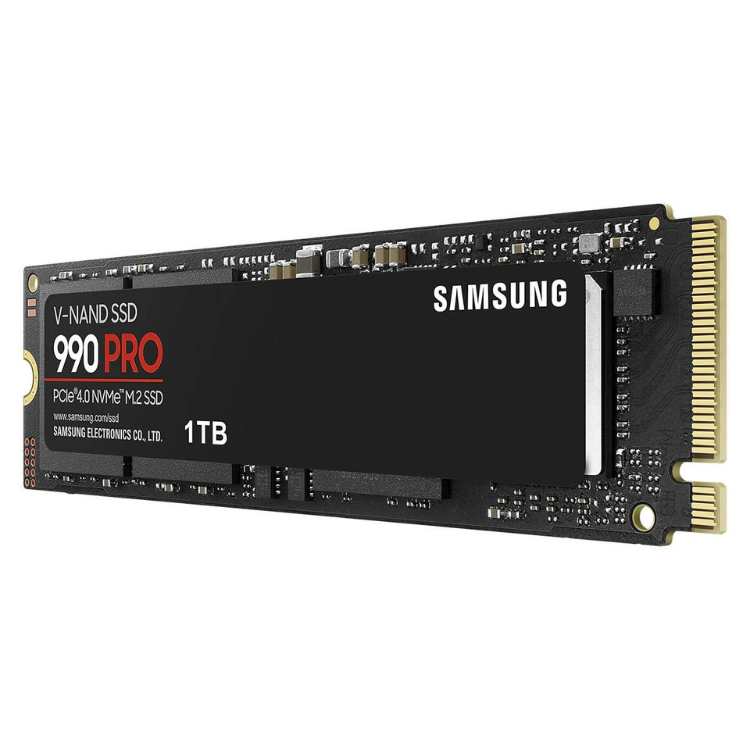 Samsung 990 Pro 1TB M.2 PCIe 4.0 NVMe SSD, black, gold connectors.