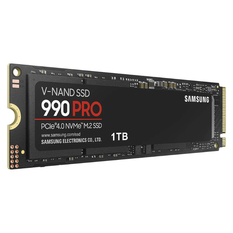 Samsung 990 Pro 1TB M.2 PCIe 4.0 NVMe SSD, black, V-NAND, gold connectors.