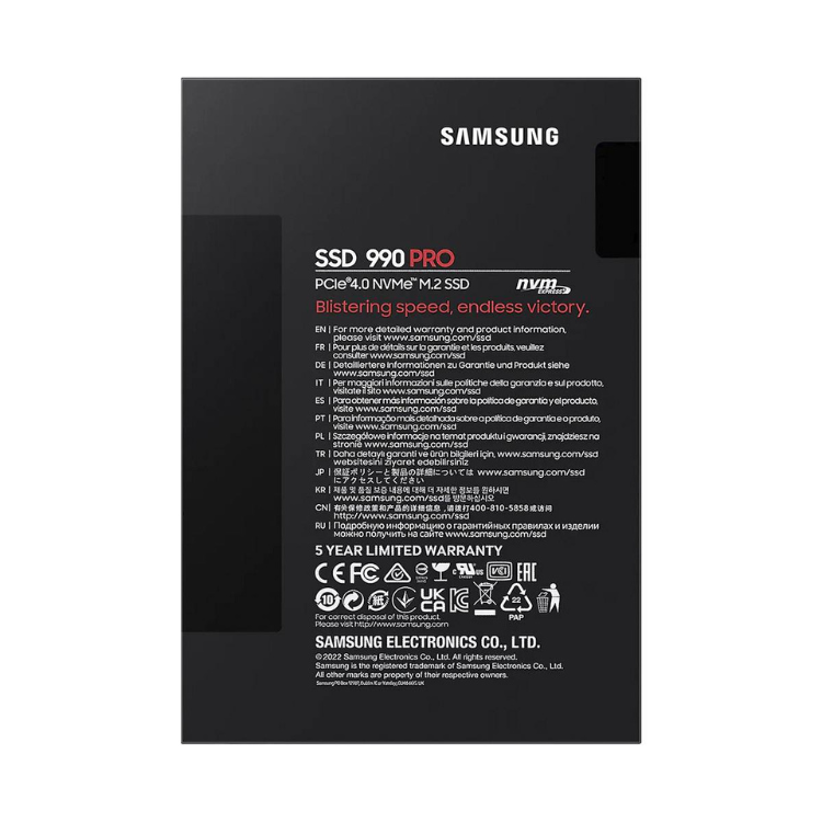 Samsung 990 Pro SSD black packaging with product details and 5-year warranty information.