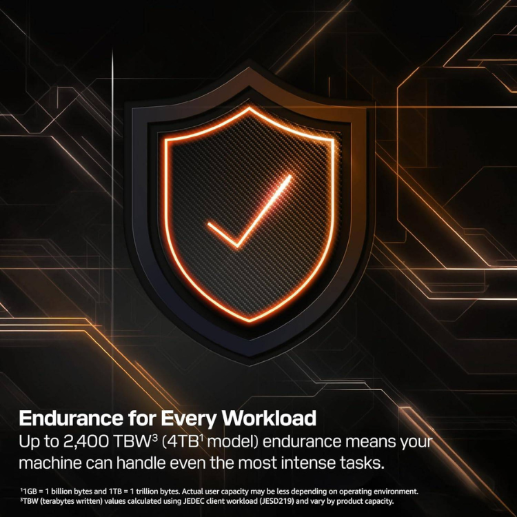 Western Digital Black SN8100 SSD shield logo with orange glow and checkmark.