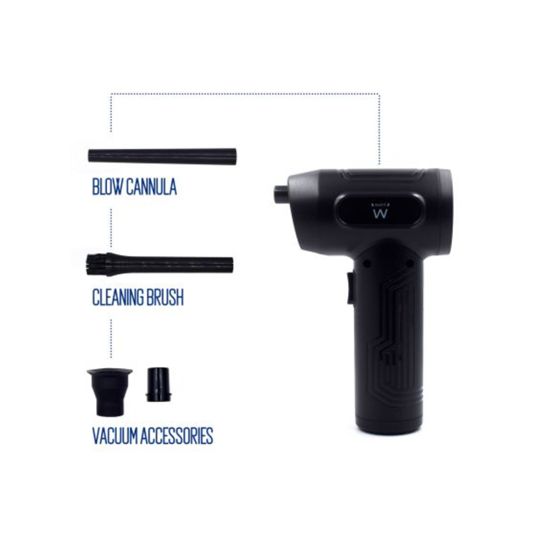 Black electric dusting spray gun, Ewent brand, with blow cannula, cleaning brush, and vacuum accessories.