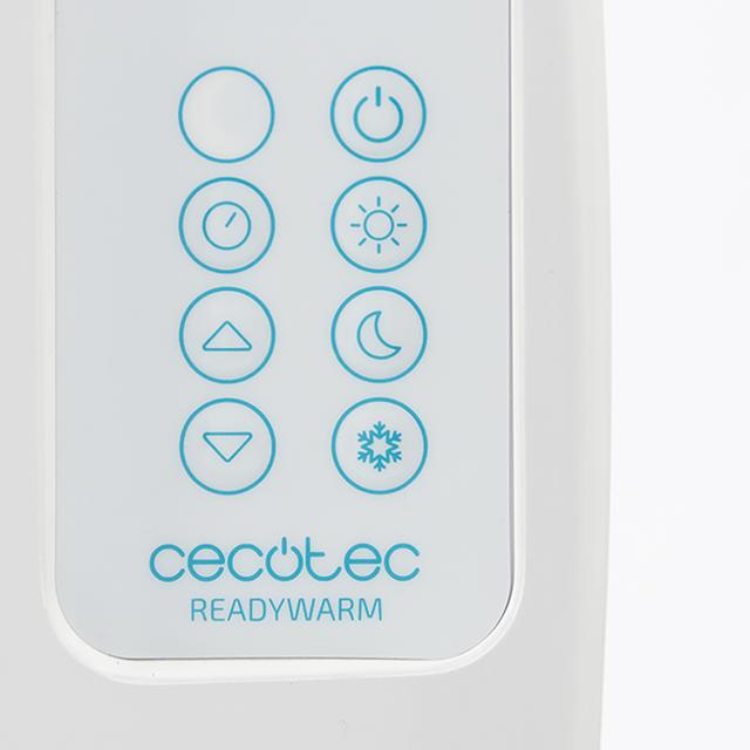 Cecotec Ready Warm digital thermostat control panel, white with blue icons and text.