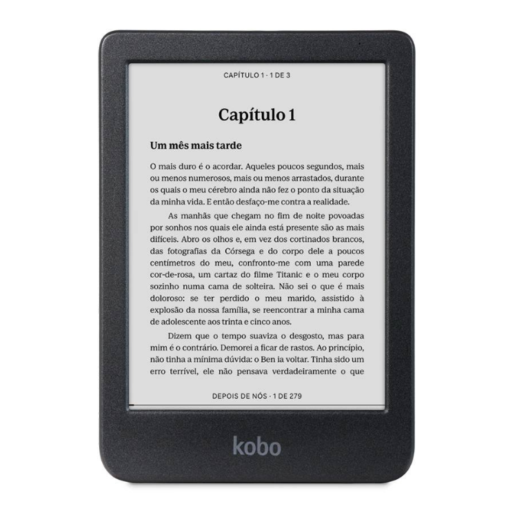 eReader Kobo Clara, ecrã 6 polegadas, 16GB, Wi-Fi, preto, a mostrar um livro digital.