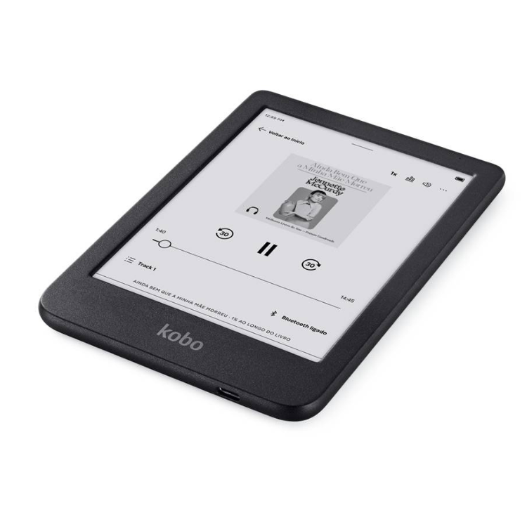 eReader Kobo Clara, 6 polegadas, 16GB, Wi-Fi, preto, ecrã a mostrar uma página de livro.