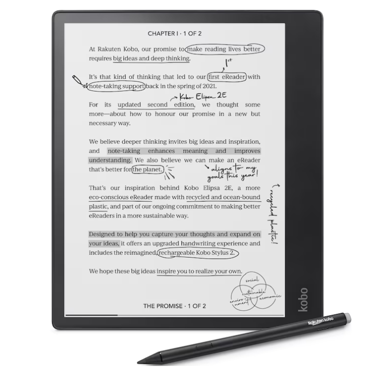 Leitor de e-books Kobo Elipsa 2E 8" 32GB Wi-Fi preto com caneta Kobo Stylus 2.