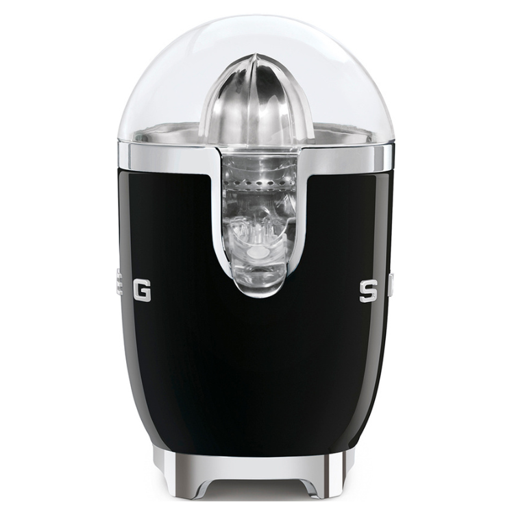 Black Smeg citrus juicer with clear dome and silver accents.