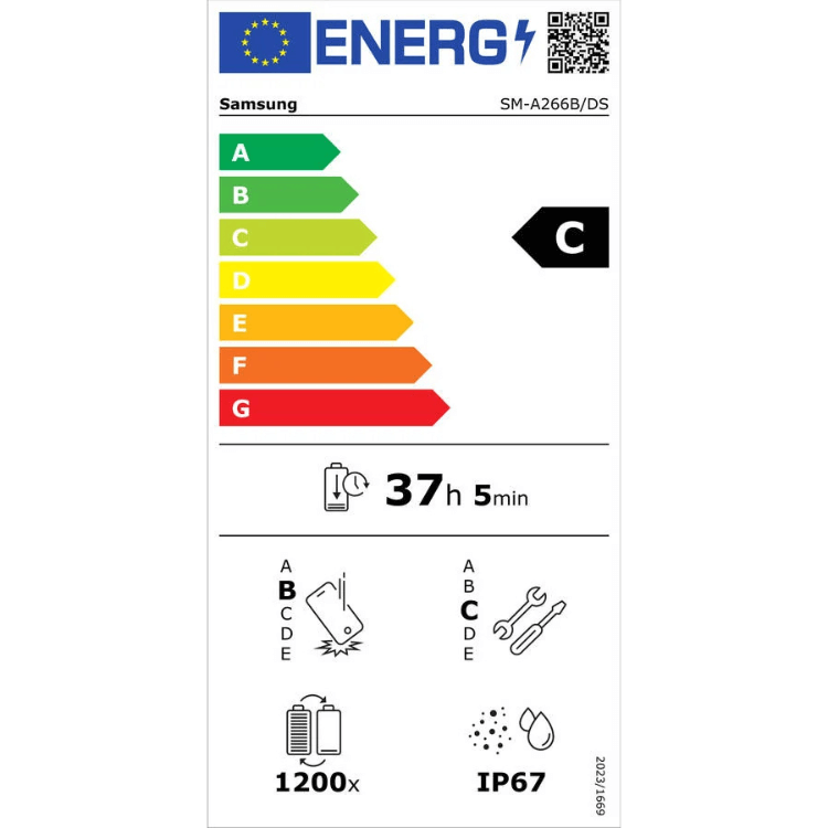 Etiqueta energética do Samsung com classificação C, bateria de 37 horas e 5 minutos, zoom 1200x e resistência IP67.