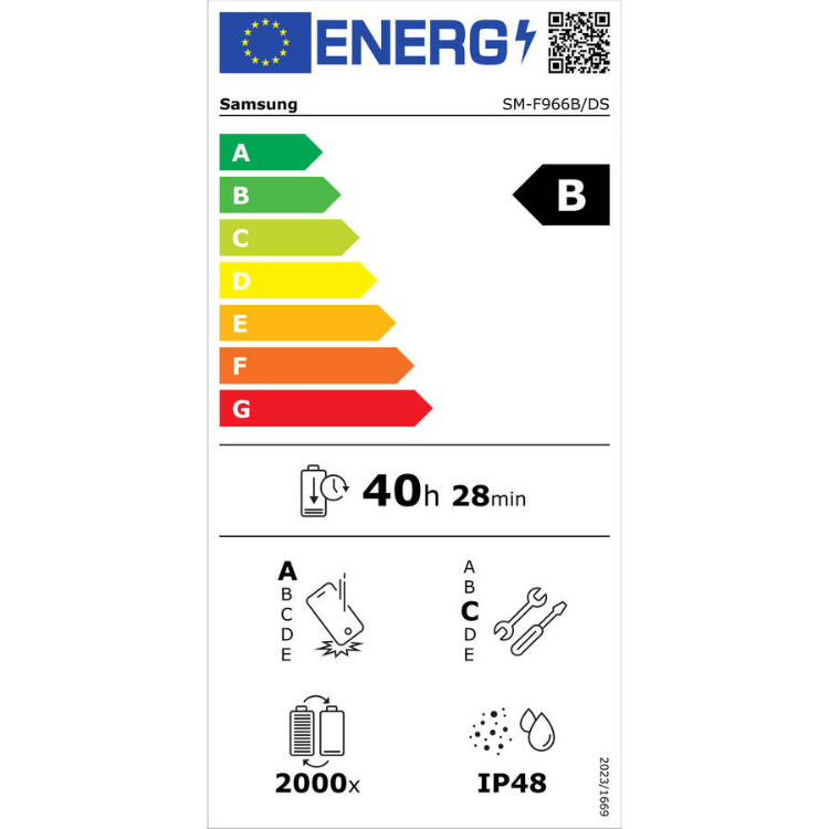 Etiqueta energética do Samsung com classificação B, bateria de 40 horas e 28 minutos.