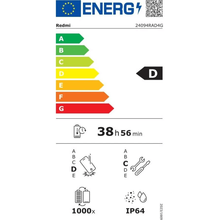 Etiqueta energética do smartphone Xiaomi Redmi, eficiência D, 38h56min de bateria, resistência IP64.
