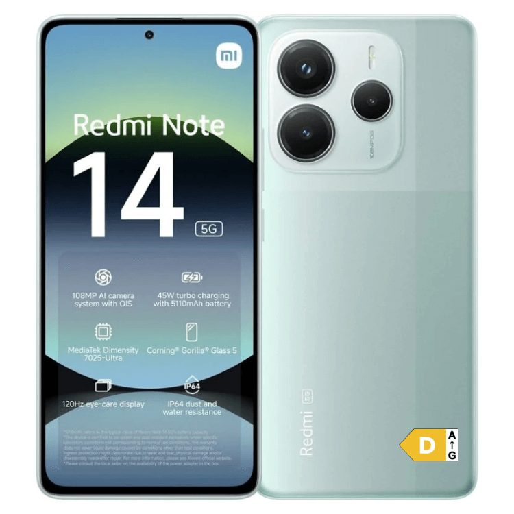 Smartphone Xiaomi Redmi Note 14 5G, 8GB/256GB, verde, ecrã 120Hz, processador MediaTek Dimensity 7025, câmaras 108MP + 2MP, bateria 5110mAh.