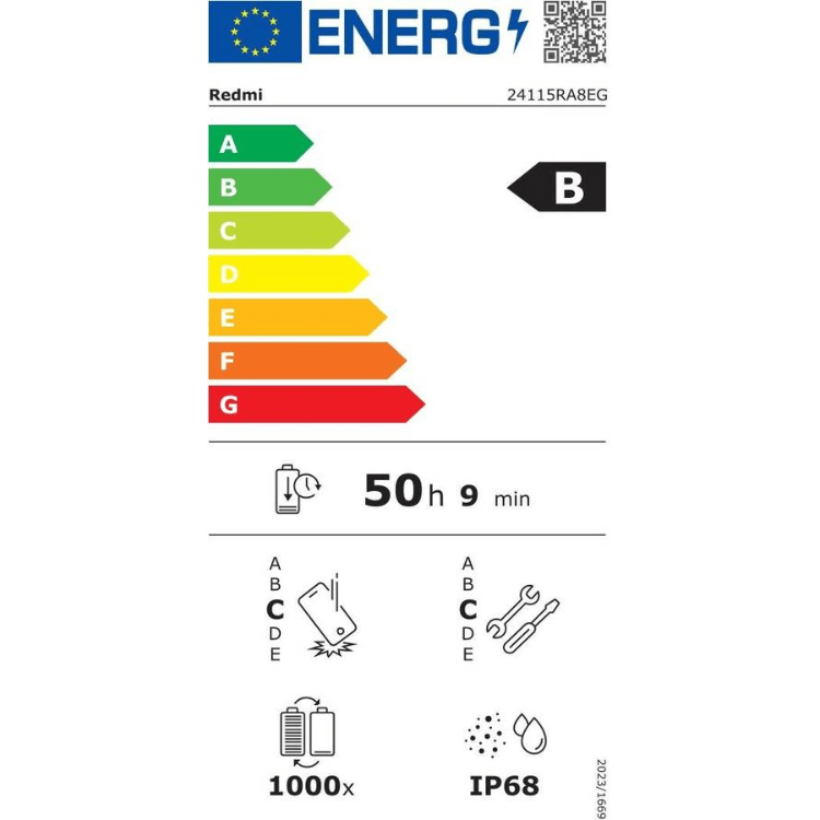 Etiqueta energética do smartphone Xiaomi Redmi, classificação B.
