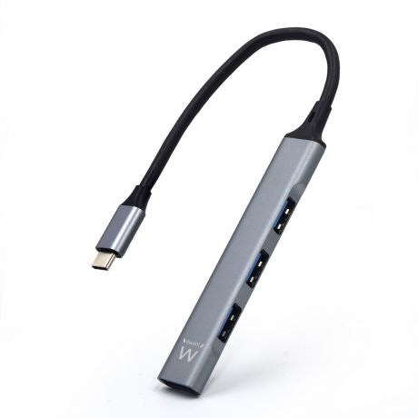 Ewent grey USB-C hub with 4 USB ports and black cable.