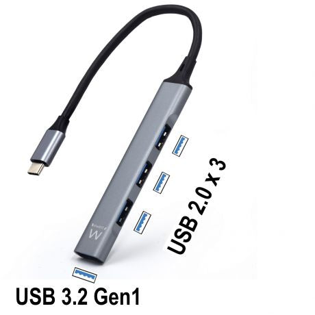 Ewent USB-C hub, 4 USB ports, gray, with USB 3.2 Gen1 and 3 USB 2.0 ports.