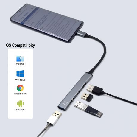 Ewent USB-C hub, 4 USB ports, gray, with phone and USB devices connected.