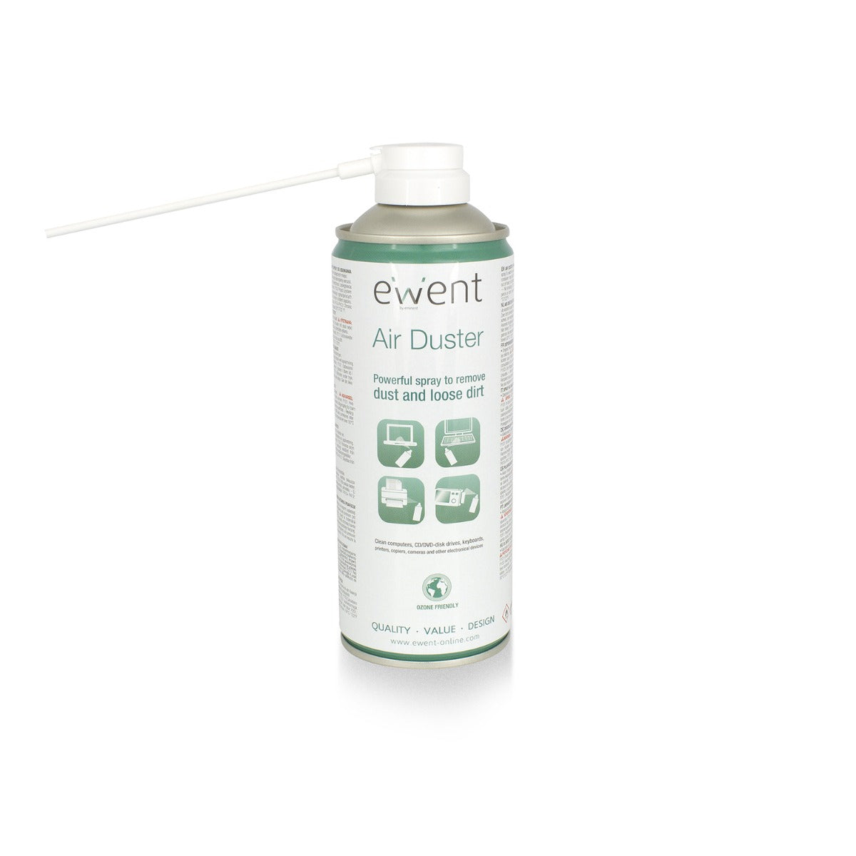 Ewent Air Duster, white and green 400ml can with long nozzle.