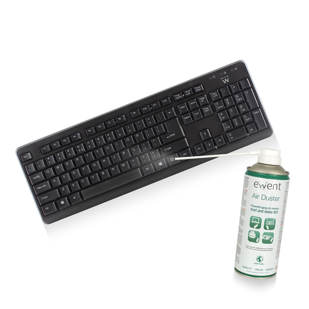 Ewent air duster spray can next to a black keyboard.
