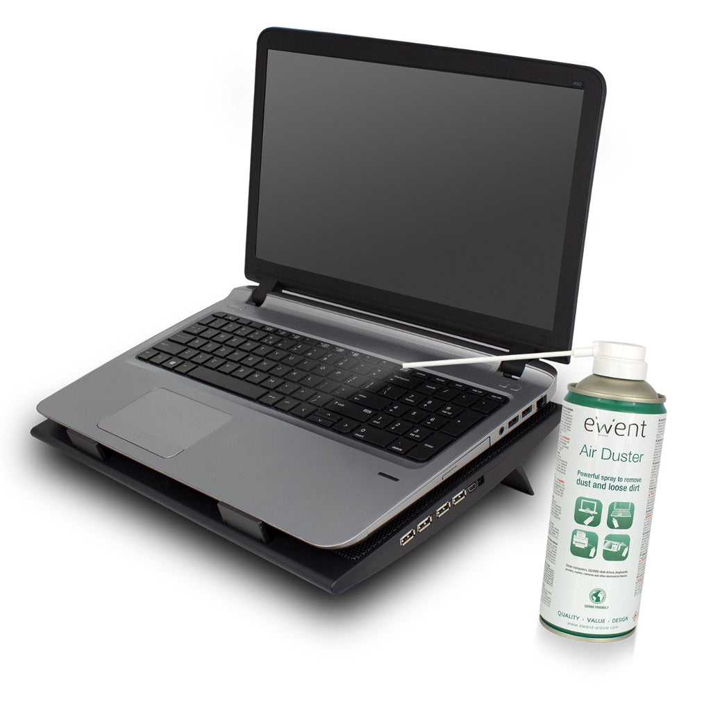 Ewent air duster spray can next to open laptop