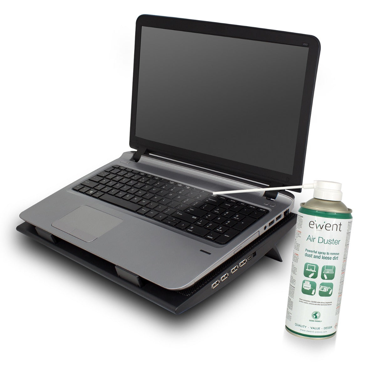 Ewent air duster spray can next to open laptop