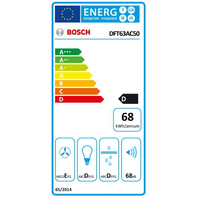 Etiqueta energética do exaustor Bosch DFT63AC50, eficiência A+++, consumo 68 kWh/ano, nível de ruído 68 dB.