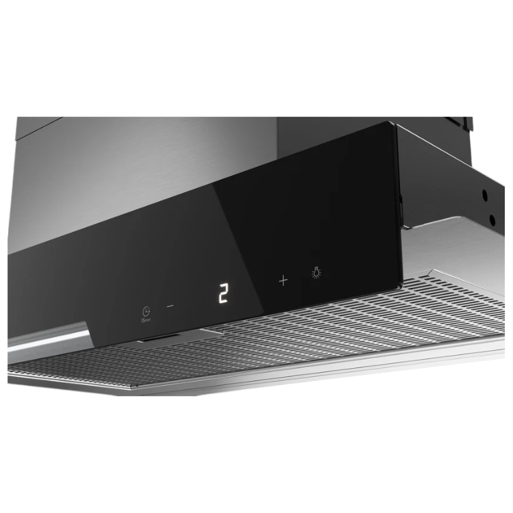 Teka GFI67350EOSIX 60cm Class A+ cooker hood, black glass and stainless steel, digital display showing speed setting 2.