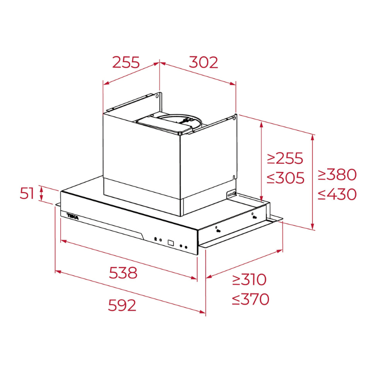 Teka GFI67350EOSIX 60cm Class A+ cooker hood dimensions: 592mm wide, 538mm deep, 255mm high.