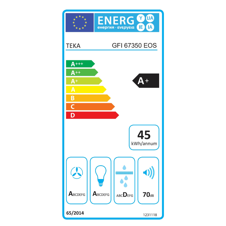 Teka GFI 67350 EOS energy label, A+ rating, 45 kWh/annum.