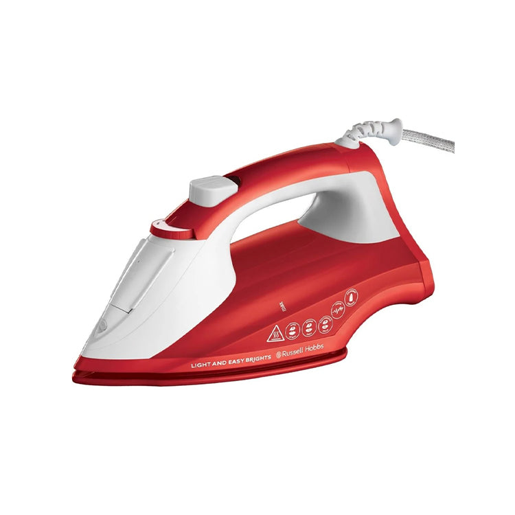 Red Russell Hobbs steam iron, 2400W, white accents, corded.