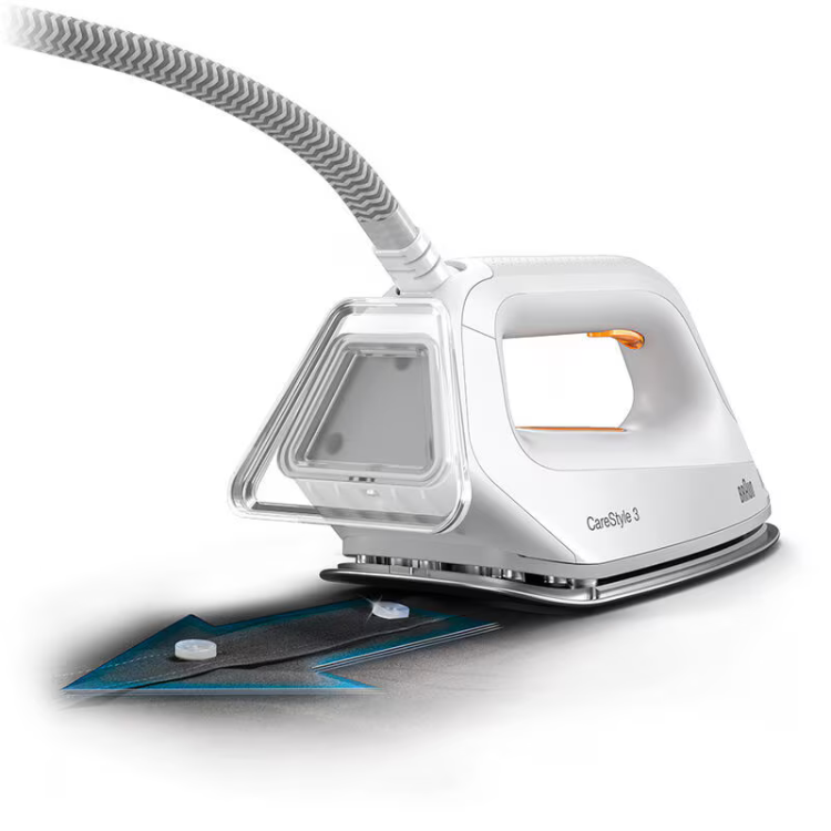 Braun CareStyle 3 white steam iron with 2400W power, orange accents, and clear water tank.