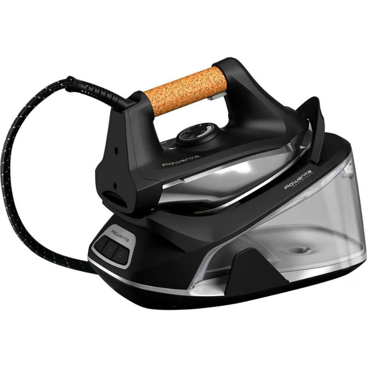 Black Rowenta iron with steam boiler, cork handle, 2400W, clear water tank.