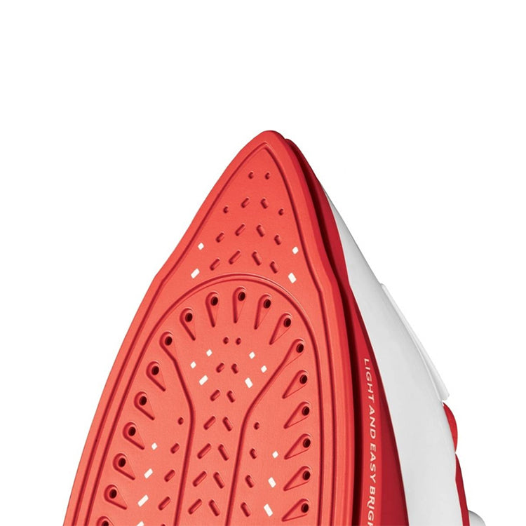 Red iron soleplate with holes and white and red body, Russell Hobbs brand.